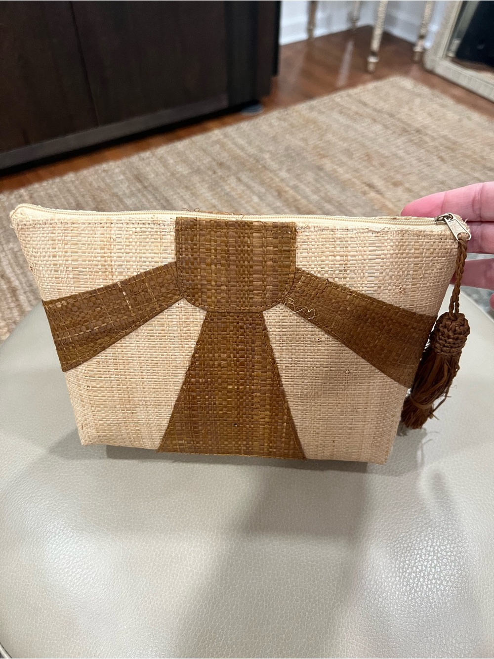 Woven Raffia Clutch with Brown Geometric Design